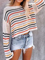 Pullover für Frauen Helle Aprikose Stripes Bateau-Ausschnitt mit langen Ärmeln Pullover