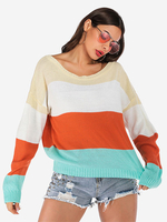 Pullover für Frauen Orange Rot Gestreifte Jewel Ausschnitt Langarm Pullover