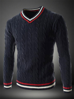 Pullover für Männer V-Ausschnitt Streifen akademischen Stil Dark Navy Knit Sweater