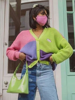 Pullover Strickjacken Hellgrün Polyester Farbblock Knöpfe Lange Ärmel V-Ausschnitt Stretch-Mantel