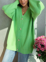 Pullover Strickjacken Hellgrün Polyester Knöpfe Lange Ärmel V-Ausschnitt Stretch Strickjacken