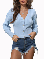 Pullover Strickjacken Hellhimmelblaue Acrylknöpfe Langarm-Strickjacken für Frauen mit V-Ausschnitt