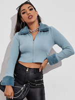 Pullover Strickjacken Himmelblau Polyester Reißverschluss Lange Ärmel Umlegekragen Unregelmäßige Strickjacken