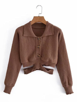 Pullover Strickjacken Kaffeebraun Polyester Kariertes Muster Knöpfe Lange Ärmel Peter Pan Kragen Übergroßer Mantel