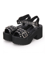Punk Lolita Sandalen Metallic Schnalle Rivet Tülle Plattform Chunky Heel Schwarz Lolita Schuhe