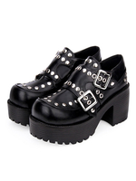 Punk Lolita Schuhe Rivet Buckle Chunky Heel Plattform Schwarz Lolita Schuhe