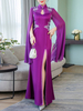 Qipao Maxikleider Langarm Blaue Blumenapplikation Langes Kleid ausgeschnitten