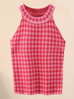 Red Cami Top Juwel Hals Plaid Muster Casual Acryl Camis für Frauen