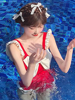 Red Lolita Outfits Rüschen Bögen Ärmelloser Overall Badeanzug