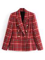 Red Plaid Jacken Damen Turndown Collar Langarm Classic Buttons Polyester Winterjacke
