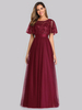 Red Prom Dress Jewel Neck Kurzarm A-Linie Tüll Spitze Maxi Partykleider