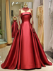 Red Quinceanera Kleid Frauen Luxus Satin Langarm Hoher Kragen Perlen Prinzessin Abendkleid