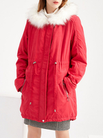 Red Winter-Mantel-Frauen-Pelz-mit Kapuze Langarm Kordelzug Parka Coats