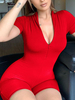 Red Womems PlaySuit Kurzarm mit Reißverschluss und V-Ausschnitt aus Baumwolle; dünner Sommeranzug aus Baumwolle