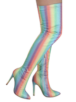 Regenbogen Streifen über dem Knie Stretch Stiefel Pailletten Stoff 3;9 "Pfennigabsatz Oberschenkel hohe Stiefel