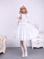 Reine weiße Lolita einteiliges Kleid Langarm geschichteten Lace Trim