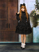 Reiner schwarz Baumwolle Lolita einteiliges Kleid Langarm Lace Up Lace Trim Bögen