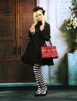 Reiner schwarz Baumwolle Lolita einteiliges Kleid Langarm Rüschen Trim