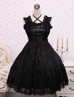 Reiner schwarz Baumwolle Lolita Jumper Rock Lace Trim Schnürschuh Hüftgurt