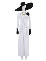 Resident Evil 8 RE8 Vampir Lady Cosplay Kostüm Weiß Langes Kleid Halskette Hut 3-teiliges Set