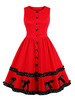Retro-Kleid 1950 Red Christmas Pattern Layered Bögen Buttons Ärmel Jewel Neck Swing-Kleid