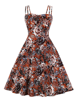 Retro Kleid 1950er Jahre Bateau Neck Open Schulter Spaghetti Frau Blumendruck Swing Dress
