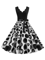Retro Kleid 1950er Jahre Black Print Sash Ärmelloses Swing-Kleid mit V-Ausschnitt
