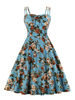 Retro Kleid 1950er Jahre Blau Grün Blumendruck Offene Schulter Frau Ärmelloses Bateau Neck Swing Kleid