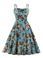 Retro Kleid 1950er Jahre Blau Grün Blumendruck Offene Schulter Frau Ärmelloses Bateau Neck Swing Kleid