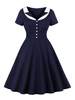 Retro Kleid 1950er Jahre Dark Navy Turndown Kragen Farbe Block Layered Buttons Kurzarm Swing Dress