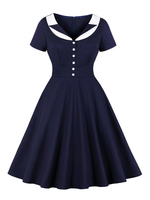 Retro Kleid 1950er Jahre Dark Navy Turndown Kragen Farbe Block Layered Buttons Kurzarm Swing Dress