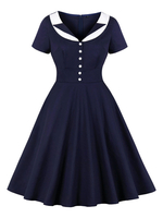 Retro Kleid 1950er Jahre Dark Navy Two-Tone Damenknöpfe Kurzarm Swing Dress