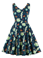 Retro Kleid 1950er Jahre Deep Blue V-Ausschnitt Ärmellose Blumendruck Backless Vintage Dress Swing Dress