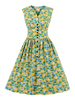 Retro-Kleid 1950er Jahre Grüne Knöpfe mit V-Ausschnitt; ärmelloses; knielanges Swing-Kleid mit Blumendruck