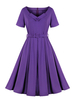 Retro-Kleid 1950er Jahre Lila geschichtete Knöpfe Kurzarm V-Ausschnitt Schärpe Midi-Kleid Swing-Kleid
