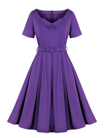 Retro-Kleid 1950er Jahre Lila geschichtete Knöpfe Kurzarm V-Ausschnitt Schärpe Midi-Kleid Swing-Kleid