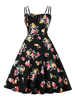 Retro-Kleid 1950er Jahre schwarzer Blumendruck offene Schulter Frau ärmelloses Bateau Neck Rockabilly Kleid