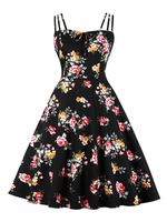 Retro-Kleid 1950er Jahre schwarzer Blumendruck offene Schulter Frau ärmelloses Bateau Neck Rockabilly Kleid