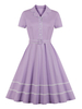 Retro-Kleid 1950er Jahre Turndown-Kragen Knöpfe geschichteten kurzen Ärmeln Knielänge Farbblock Rockabilly Kleid