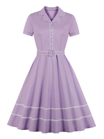 Retro-Kleid 1950er Jahre Turndown-Kragen Knöpfe geschichteten kurzen Ärmeln Knielänge Farbblock Rockabilly Kleid