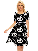 Retro Kleid 1950er Schwarz Halloween Totenkopf Bedruckt Stretch Kurze Ärmel Square Neck Swing Dress
