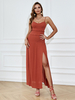 Riemen Neck Maxi Kleid Ärmelloses Polyester Sexy Hochschlitten Rüschen Bodenlangen Kleid