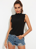 Ärmellose T-Shirts Schwarzes Stretch-ausgeschnittenes Polyester-T-Shirt mit hohem Kragen für Frauen