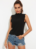 Ärmellose T-Shirts Schwarzes Stretch-ausgeschnittenes Polyester-T-Shirt mit hohem Kragen für Frauen