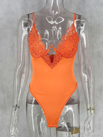 Ärmelloses Oragnge Red Bodysuit mit V-Ausschnitt und rückenfreiem bedrucktem Polyester-Freizeitoberteil für Damen