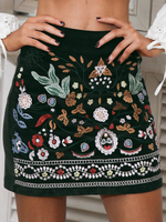Rock Für Frauen Dunkelgrün Bestickter Cord mit Blumendruck Kurze; erhöhte Taille Herbst Und Winter Damen Unterteile