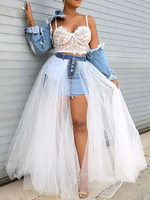 Rock Für Frauen Weiße Knöpfe Denim Lange Erhöhte Taille Layered Sheer Sexy Frauen Bottoms