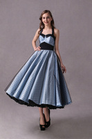 Rockabilly Brautjungfer Kleider Short Baby Blue Polka Dot Print Halter Tee Länge Vintage Hochzeit Party Kleider