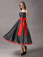 Rockabilly Brautjungfernkleider schwarz Polka Dot gedruckt Vintage Ribbon Bow Sash Straps Tee Länge Hochzeit Kleid