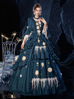 Rokoko viktorianischen Retro-Kostüm Kleid geschichteten Blumendruck Marineblau Cosplay Kostüm Karneval